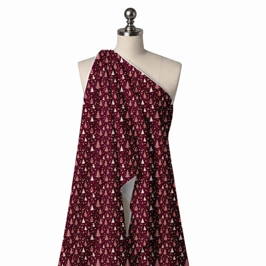 Dark Burgundy & Dusty Pink Line Christmas Trees Printed Pure Natural Crepe Fabric