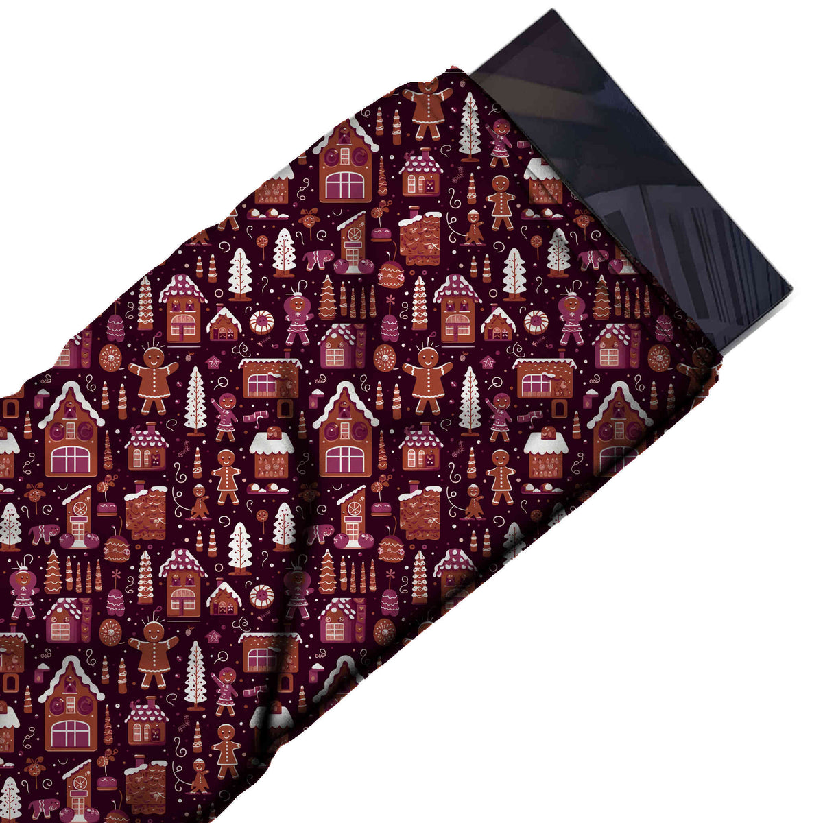 Flat fabric swatch: dense all-over print of ginger-brown gingerbread houses with magenta, design Design No_4637, Clothwala