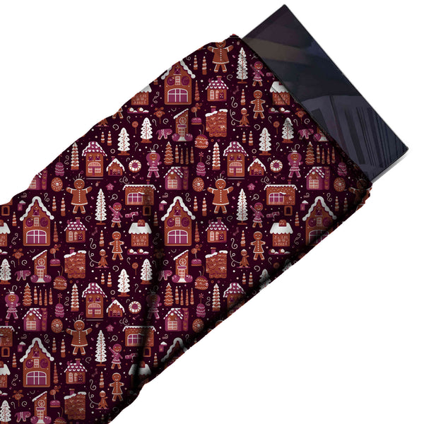 Dark Burgundy & Ginger Brown Pink Window Gingerbread Houses Printed Pure Natural Crepe Fabric