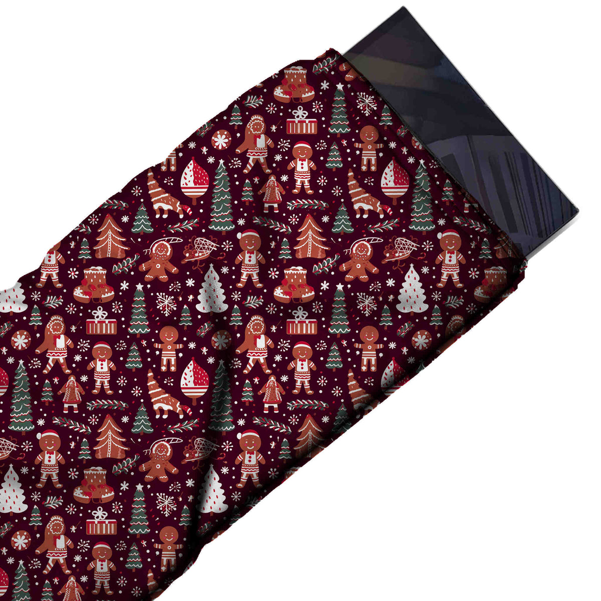 Flat fabric swatch: all-over Christmas print of ginger-brown gingerbread men in Santa hats, design Design No_4625, Clothwala