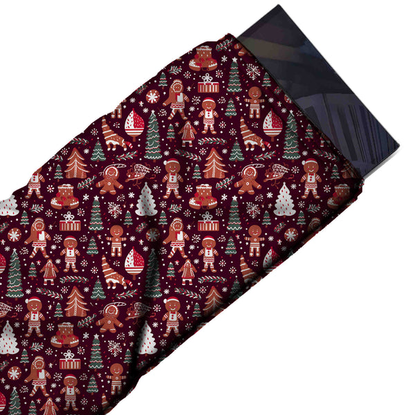 Dark Burgundy & Ginger Brown Santa Hat Gingerbread Printed Pure Natural Crepe Fabric
