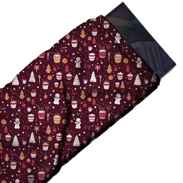 Dark Burgundy & White Cupcakes & White Trees Printed Pure Natural Crepe Fabric