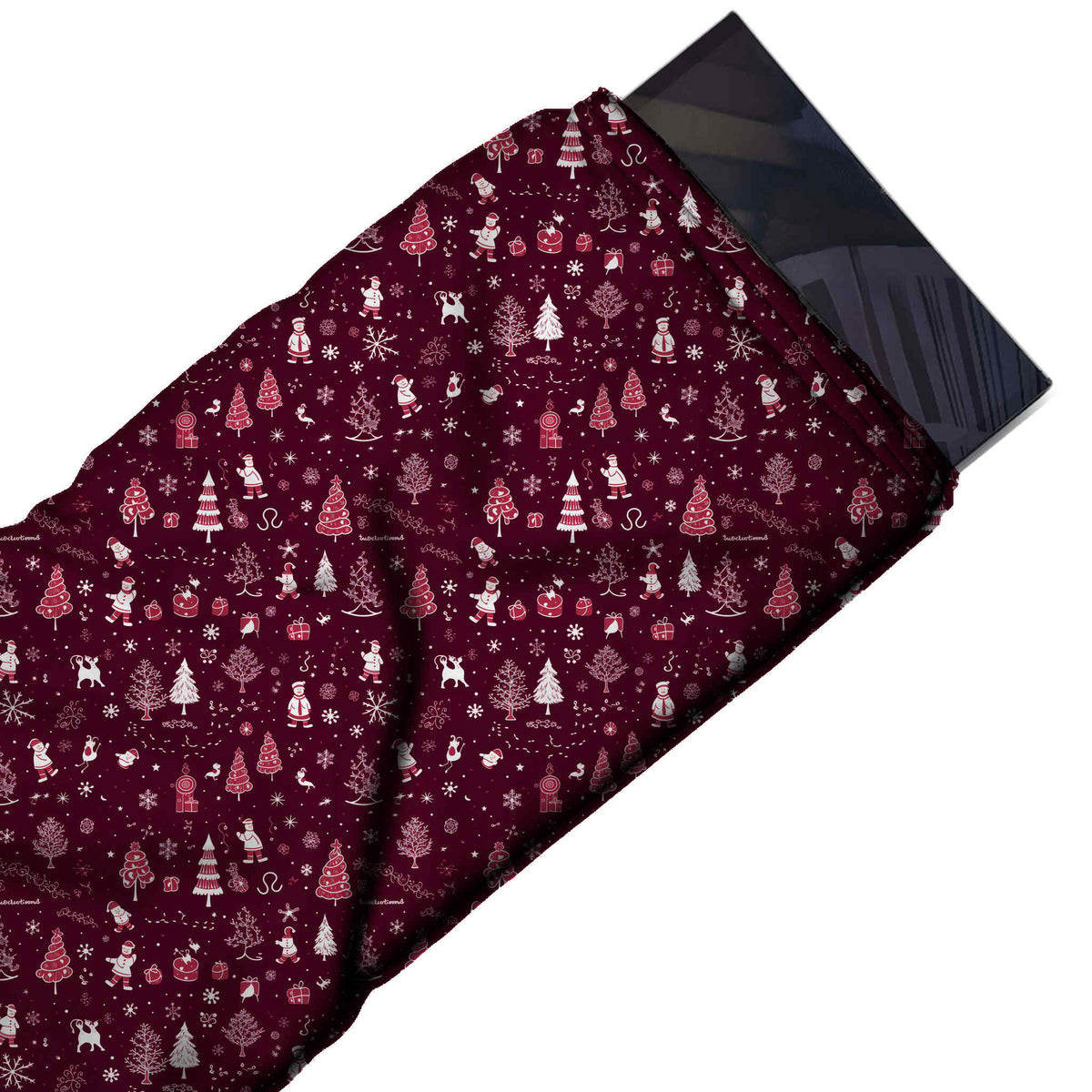 Flat fabric swatch: one-way small-scale festive print of white and rose pink fir trees, design Design No_4585, Clothwala