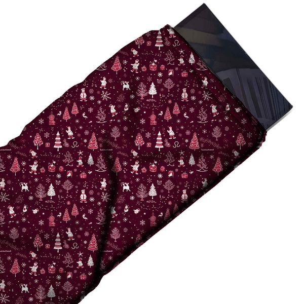 Dark Burgundy & White Snowmen & Winter Trees Printed Pure Natural Crepe Fabric