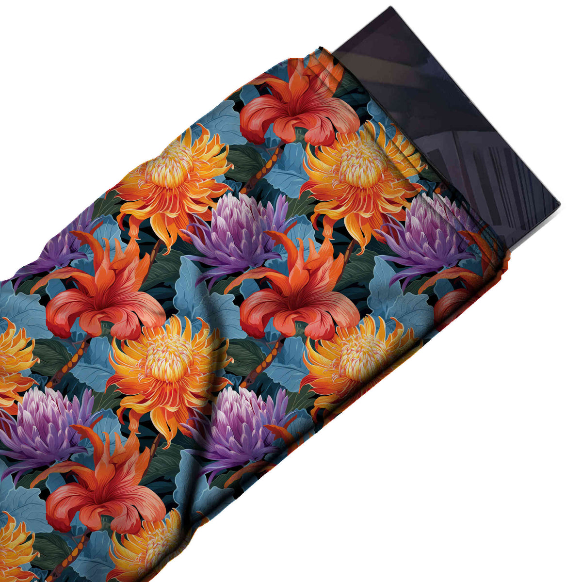 Flat fabric swatch: large-scale all-over floral of orange and yellow chrysanthemums, design Design No_4482, Clothwala