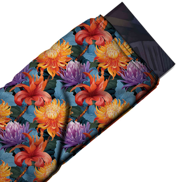 Dark Charcoal Green & Orange Chrysanthemum & Lily Printed Pure Natural Crepe Fabric
