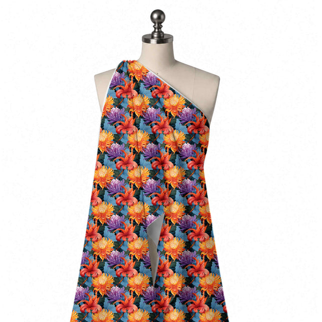 Draped on a mannequin: large-scale all-over floral of orange and yellow chrysanthemums, design Design No_4482, Clothwala