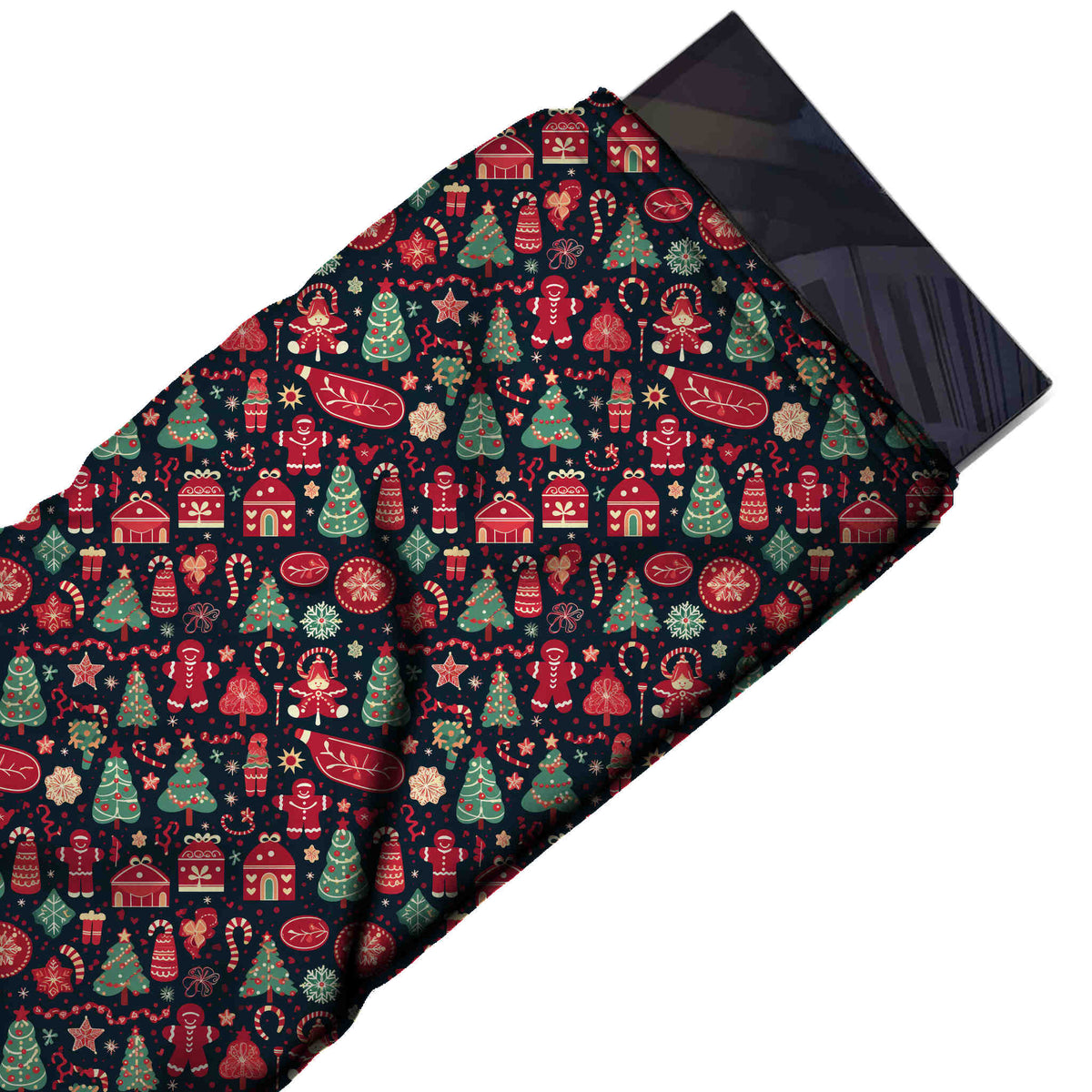 Flat fabric swatch: dense all-over Christmas print of red gingerbread figures, design Design No_4618, Clothwala