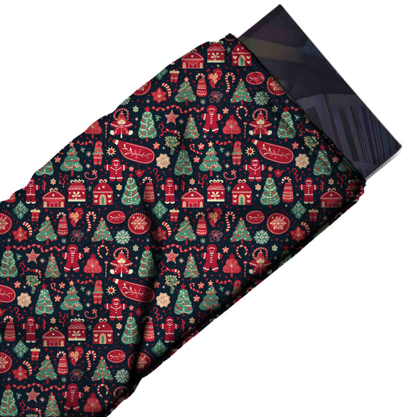 Dark Charcoal Navy & Red Gingerbread & Green Trees Printed Pure Natural Crepe Fabric