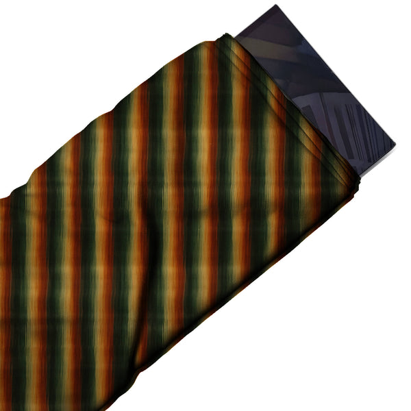 Dark Green-Black & Amber Wavy Rust Blur Stripe Printed Spandex Fabric