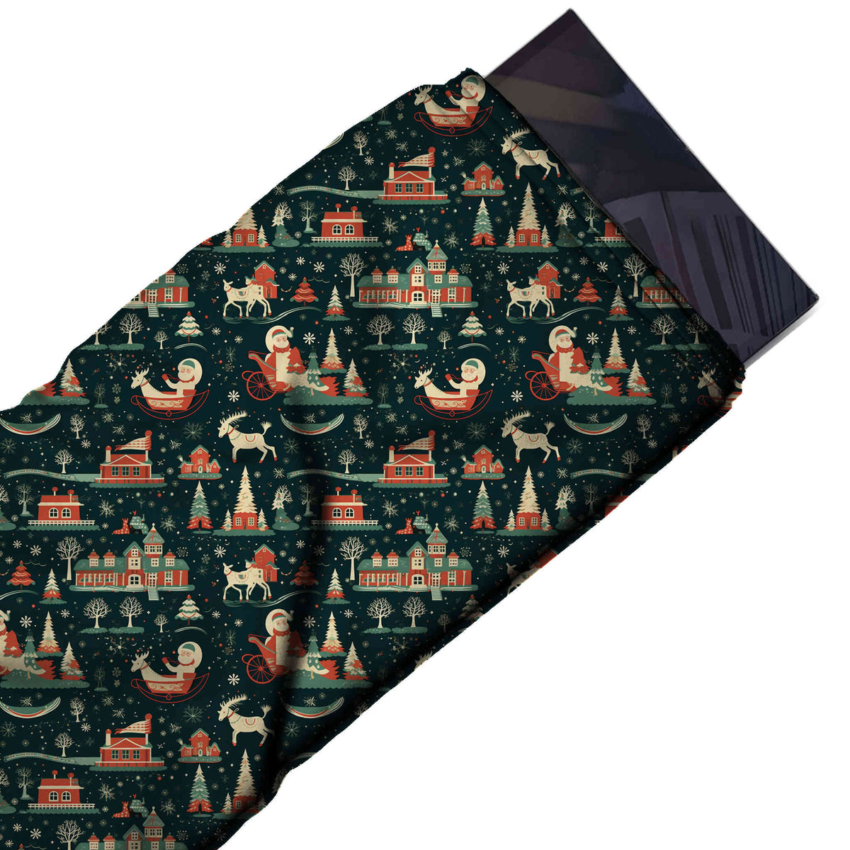Flat fabric swatch: one-way all-over retro-style scene of Santa in a sleigh, design Design No_4744, Clothwala