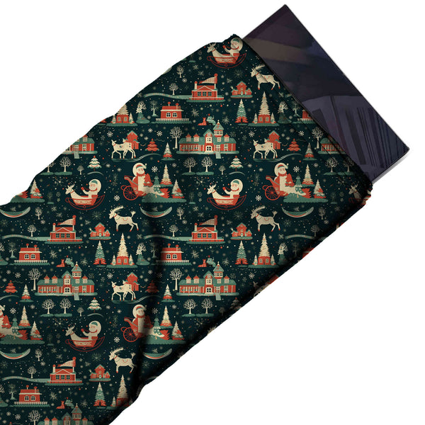 Dark Green & Coral Red Retro Santa Sleigh Printed Printed American Crepe Fabric Fabric