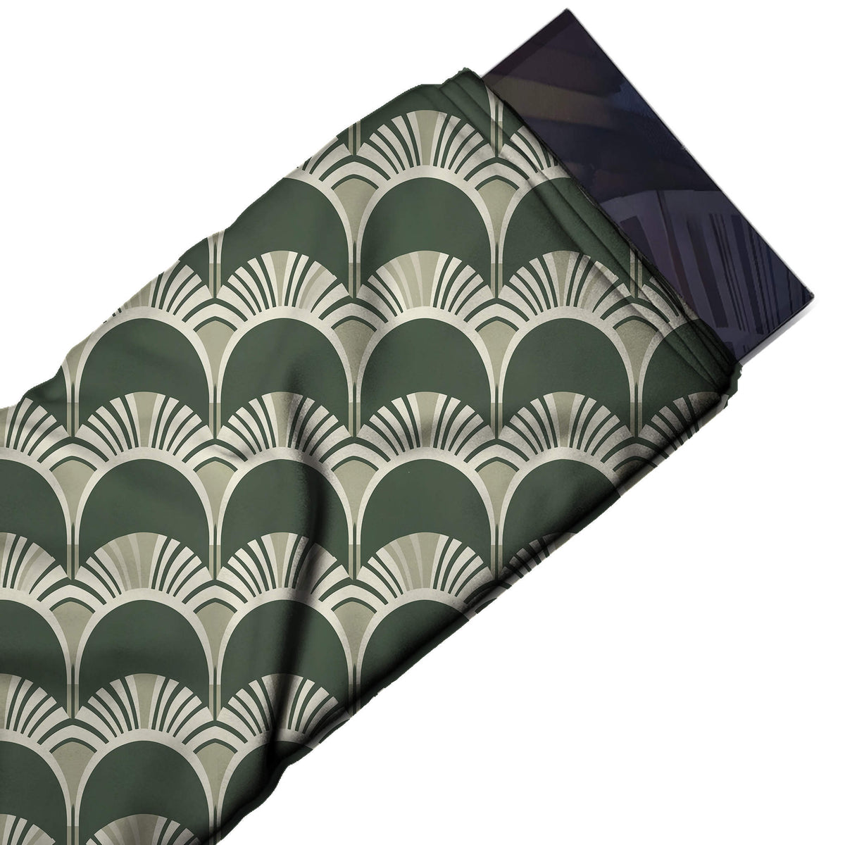 Flat fabric swatch: large-scale art deco scallop geometric of solid dark green arches, design Design No_4183, Clothwala