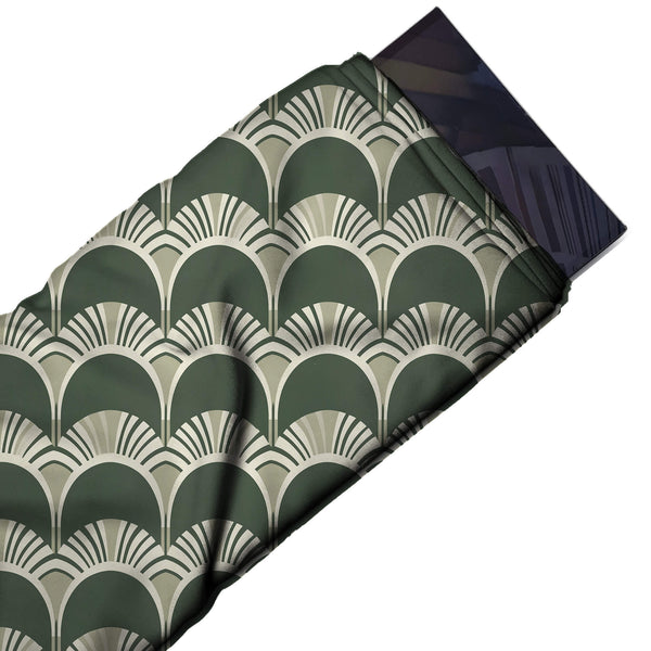 Dark Green & Cream Deco Arch Fans Printed French Crepe Fabric