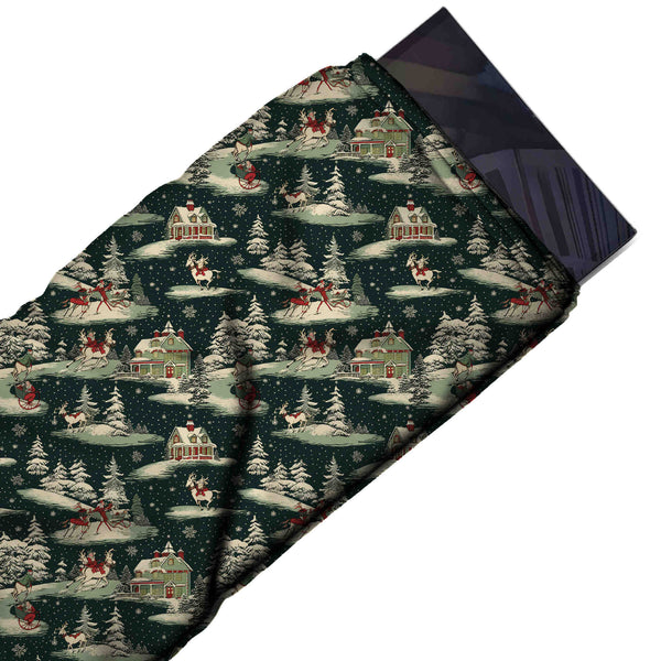 Dark Green & Cream Vintage Snowy Farmhouse Printed Printed American Crepe Fabric Fabric