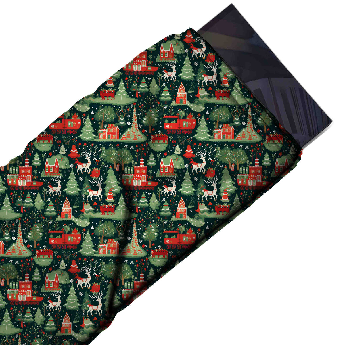 Flat fabric swatch: dense all-over one-way print of green fir and round-crowned trees, design Design No_4739, Clothwala