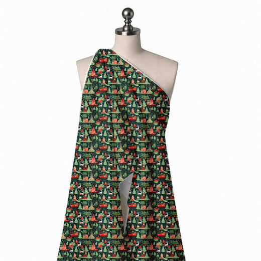 Dark Green & Green Fir Forest & Reindeer Printed Printed American Crepe Fabric Fabric