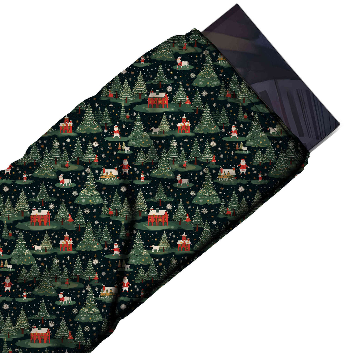 Flat fabric swatch: dense one-way forest scene of snow-dusted green fir trees with small, design Design No_4769, Clothwala