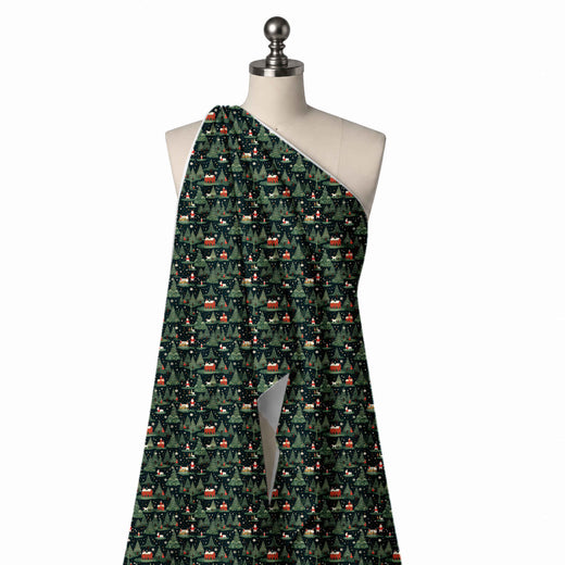 Dark Green & Green Pine Forest Barns Printed Printed American Crepe Fabric Fabric