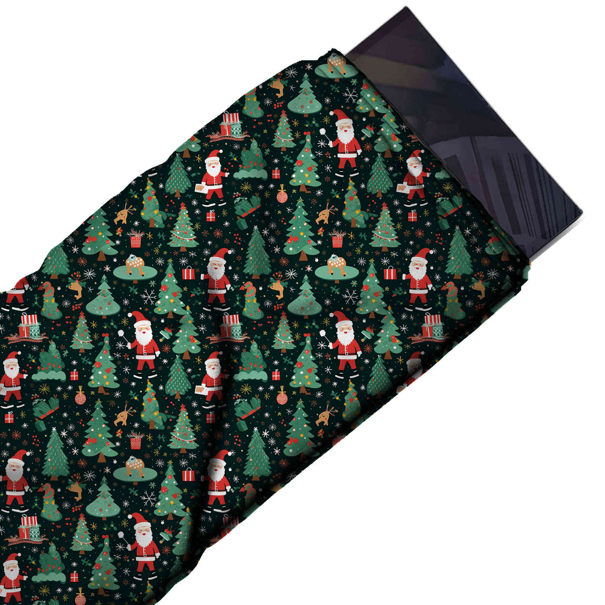 Flat fabric swatch: all-over one-way festive print of small Santas, design Design No_4805, Clothwala