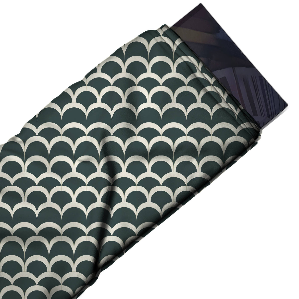 Flat fabric swatch: all-over two-colour fish-scale layout of small overlapping ivory, design Design No_4190, Clothwala