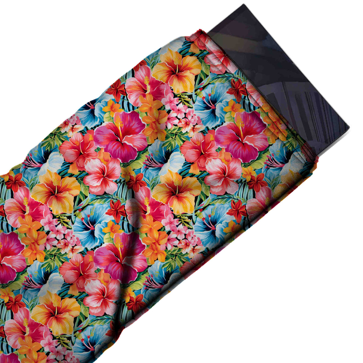 Flat fabric swatch: edge-to-edge medium-scale tropical print of overlapping hibiscus in, design Design No_4481, Clothwala