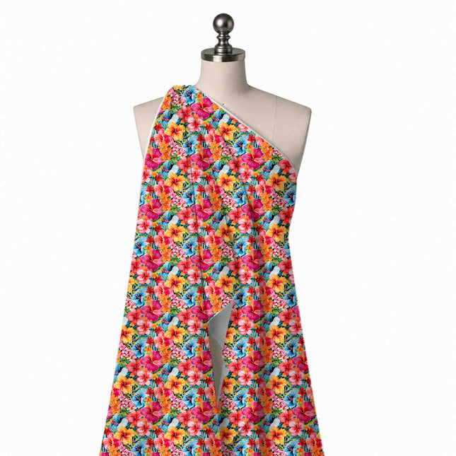 Draped on a mannequin: edge-to-edge medium-scale tropical print of overlapping hibiscus in, design Design No_4481, Clothwala
