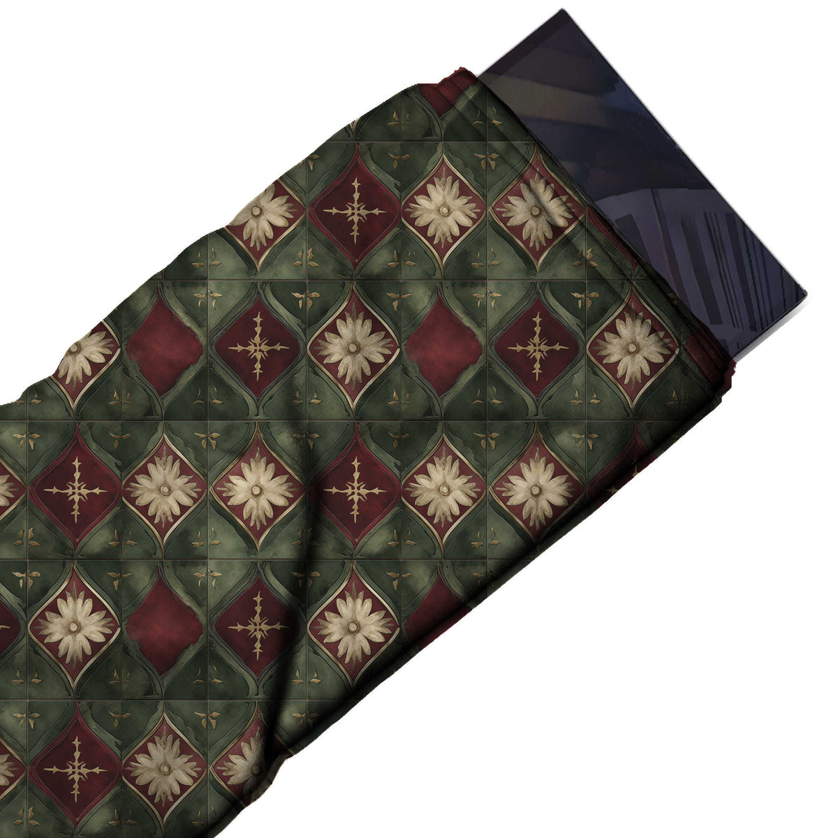 Flat fabric swatch: rows of medium maroon ogee diamonds holding cream daisy heads or thin, design Design No_4238, Clothwala