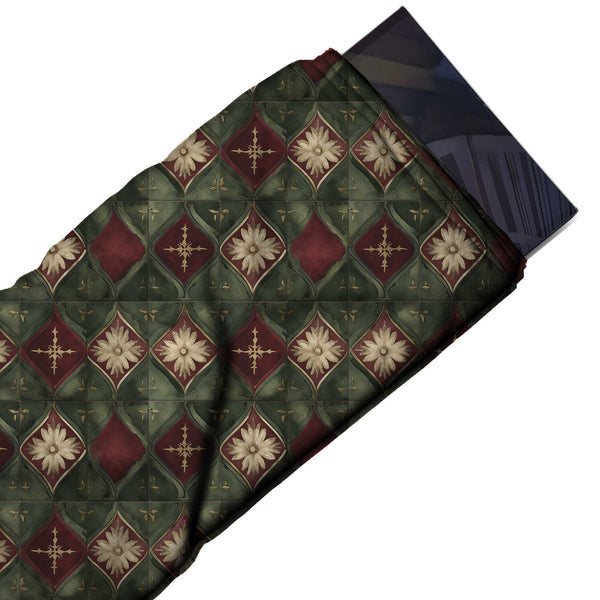 Dark Green & Maroon Daisy Ogee Diamonds Printed French Crepe Fabric