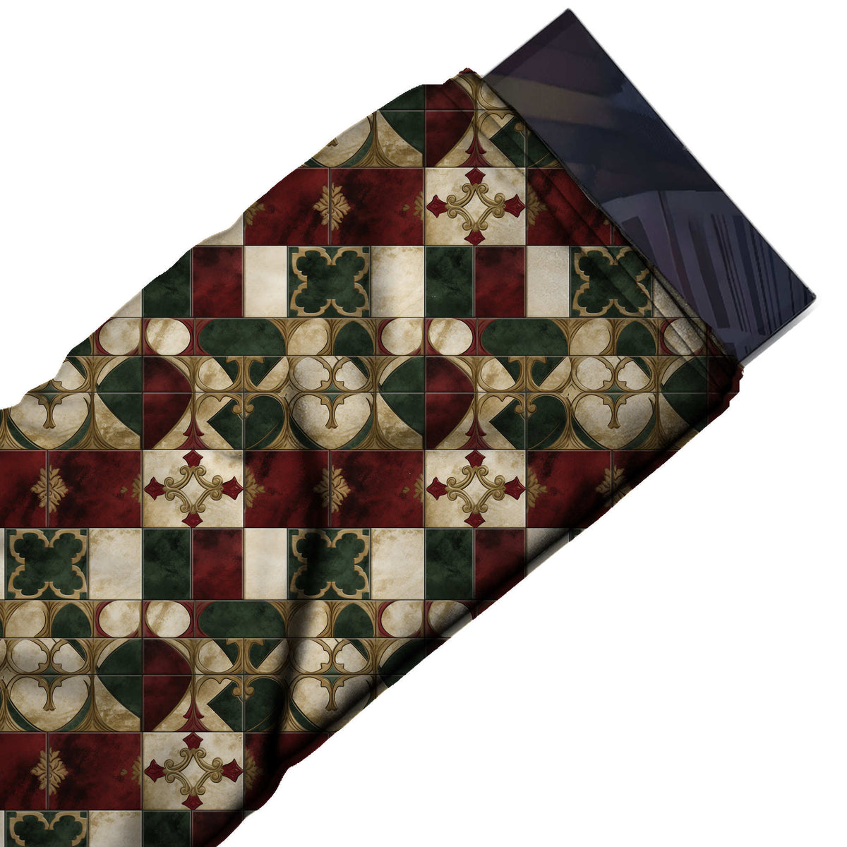 Flat fabric swatch: banded patchwork of medium-scale marbled tiles in dark green, design Design No_4252, Clothwala