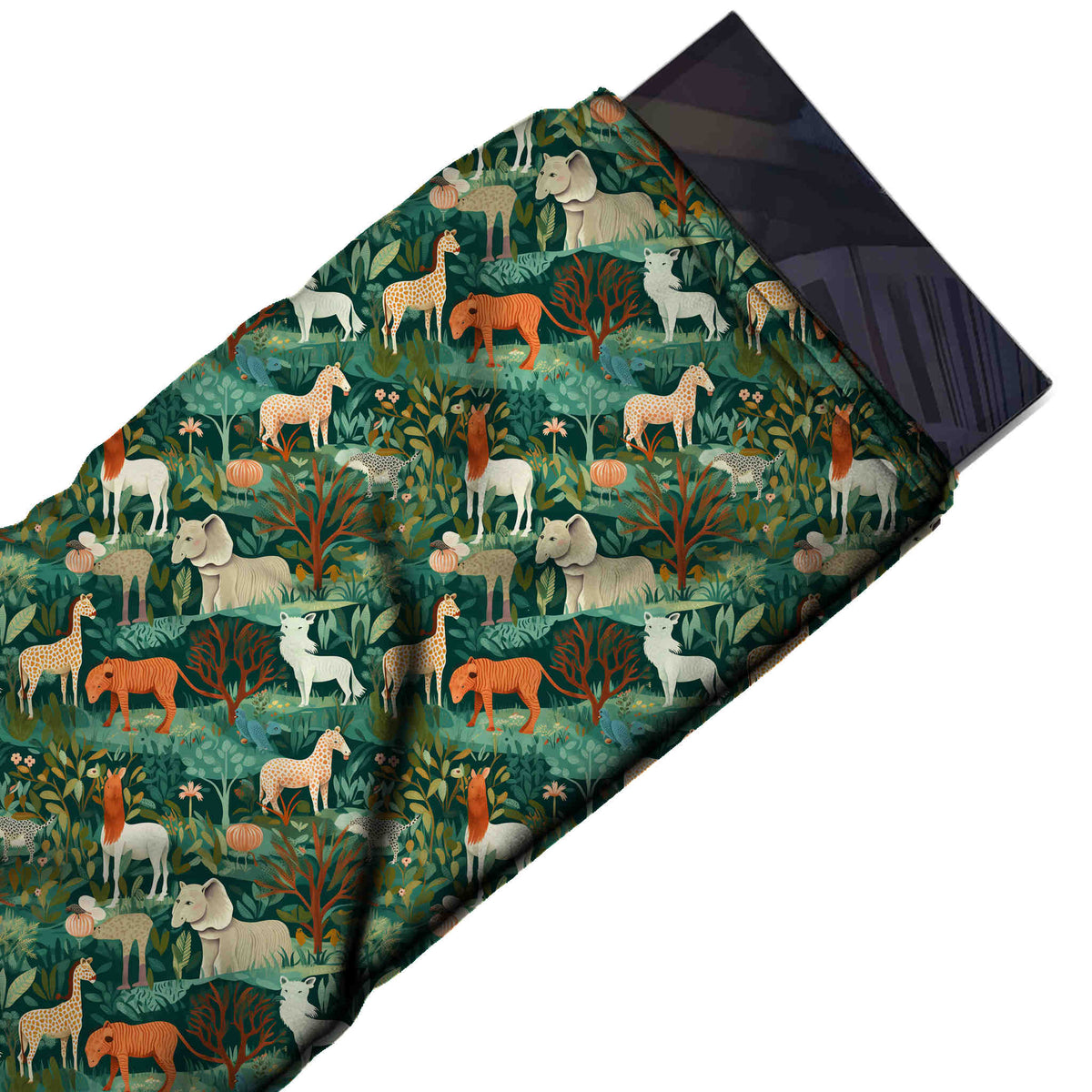 Flat fabric swatch: dense one-way jungle scene of cream spotted giraffes, an orange tiger, design Design No_3906, Clothwala