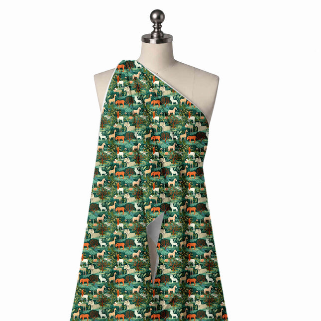 Draped on a mannequin: dense one-way jungle scene of cream spotted giraffes, design Design No_3906, Clothwala