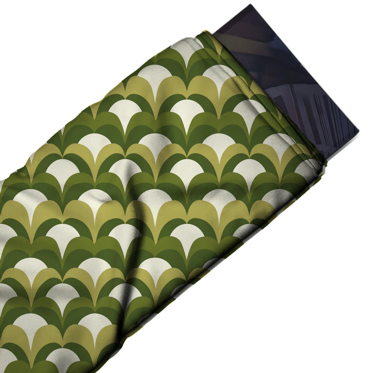 Flat fabric swatch: all-over retro scallop layout of medium overlapping arches in dark, design Design No_4194, Clothwala