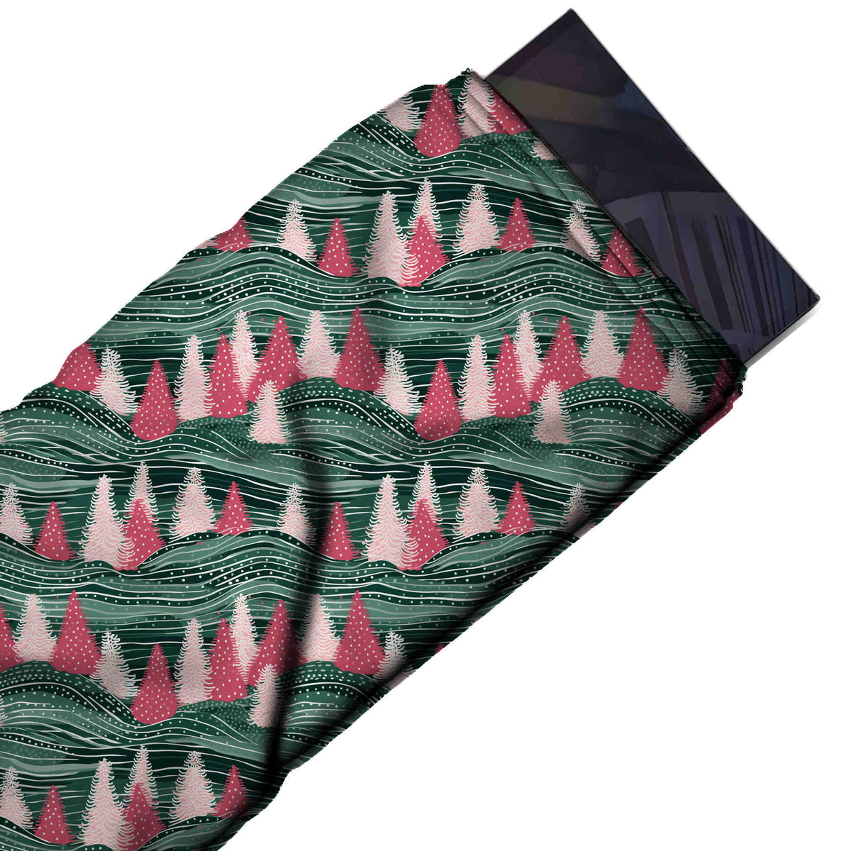Flat fabric swatch: one-way scenic print of deep pink and blush pine trees in horizontal, design Design No_4828, Clothwala