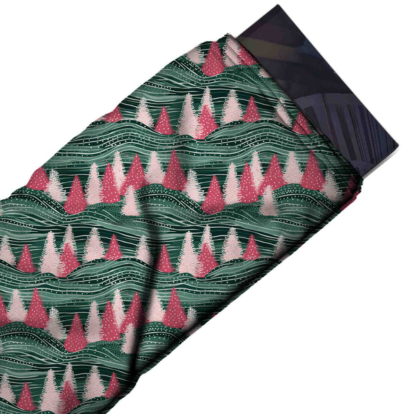 Dark Green & Pink Pines On Hills Printed Printed American Crepe Fabric Fabric
