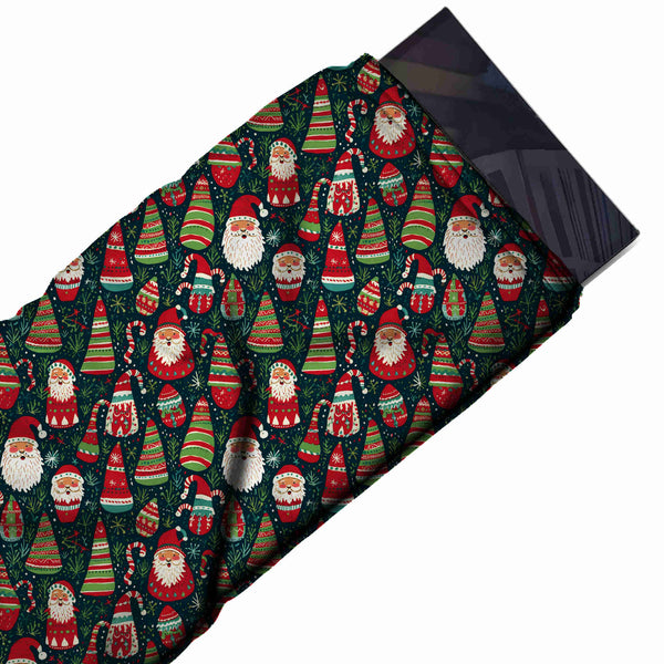 Dark Green & Red Folk Santas & Cone Trees Printed Pure Natural Crepe Fabric