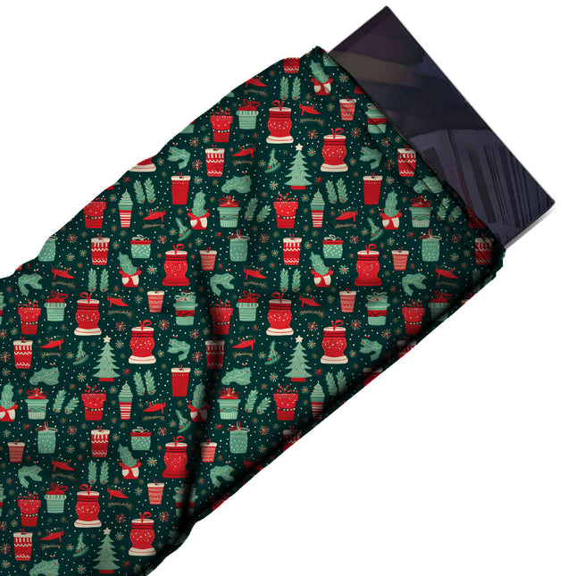 Flat fabric swatch: dense one-way all-over print of small red and mint green gift boxes, design Design No_4675, Clothwala