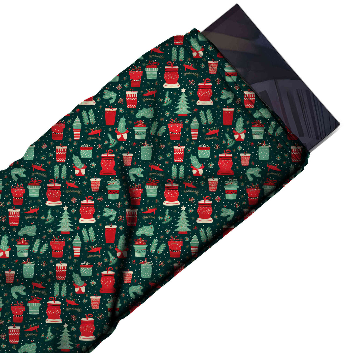 Flat fabric swatch: dense one-way all-over print of small red and mint green gift boxes, design Design No_4675, Clothwala