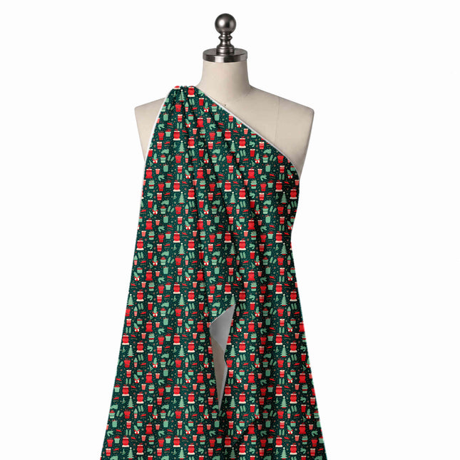 Draped on a mannequin: dense one-way all-over print of small red and mint green gift, design Design No_4675, Clothwala