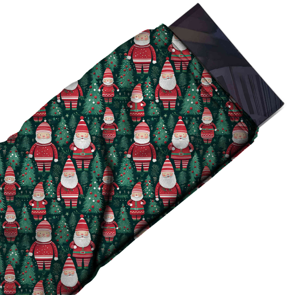 Flat fabric swatch: all-over one-way layout of medium-scale standing Santa figures in red, design Design No_4526, Clothwala