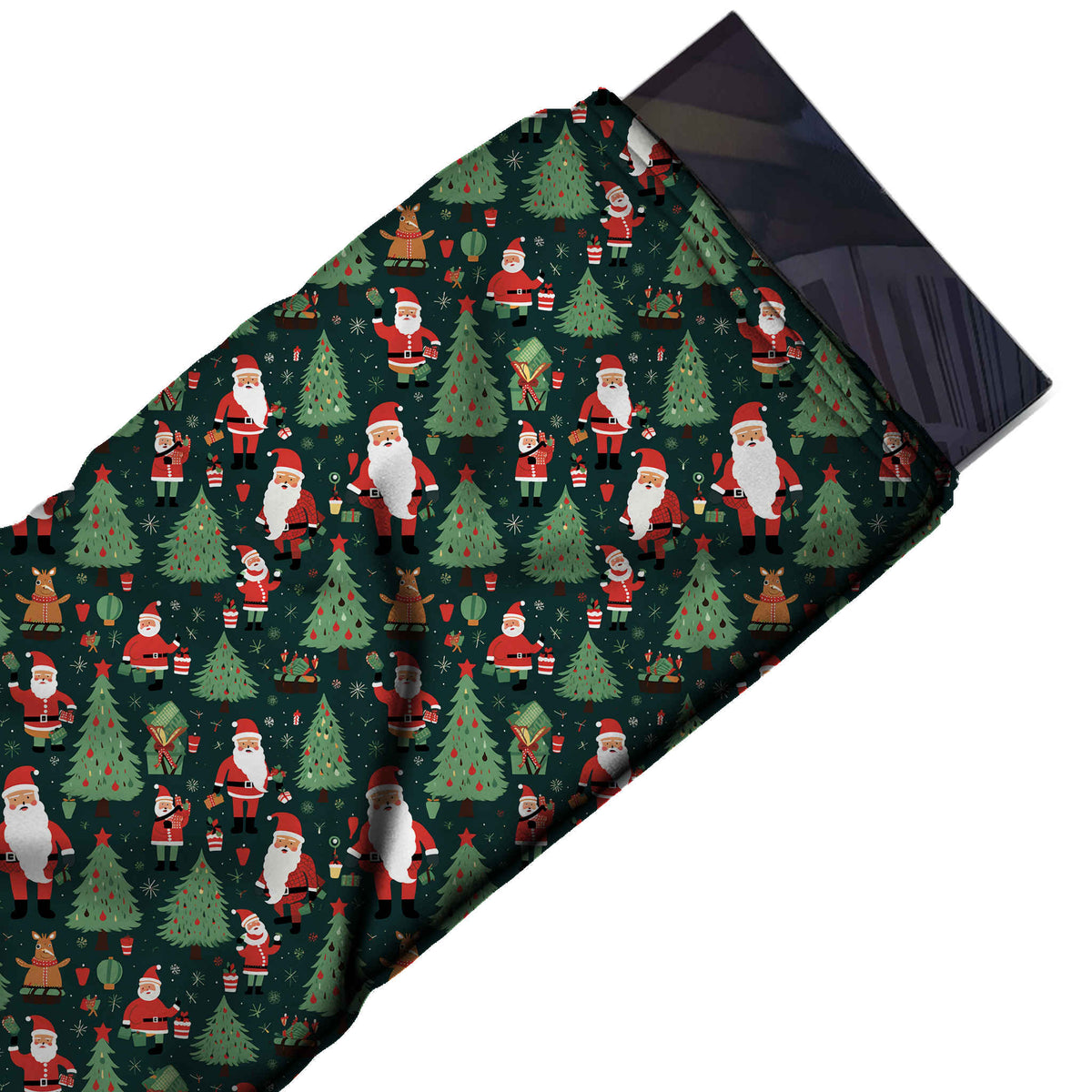 Flat fabric swatch: all-over one-way festive print of Santas in several sizes with long, design Design No_4804, Clothwala