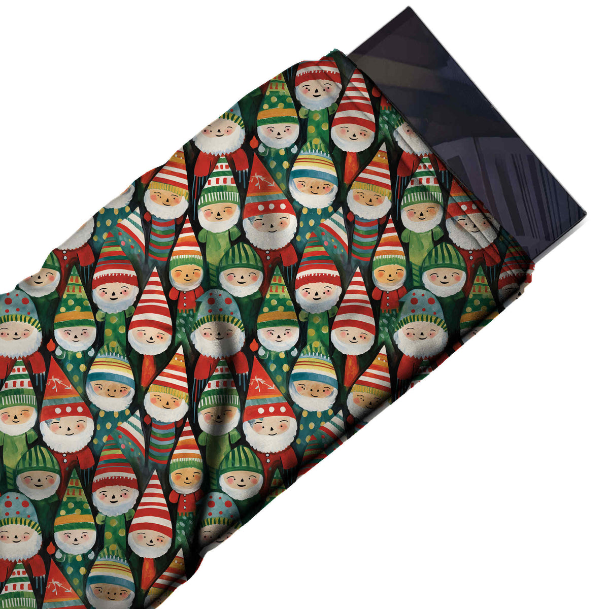 Flat fabric swatch: overlapping packed layout of medium-scale painted elf and gnome faces, design Design No_4528, Clothwala