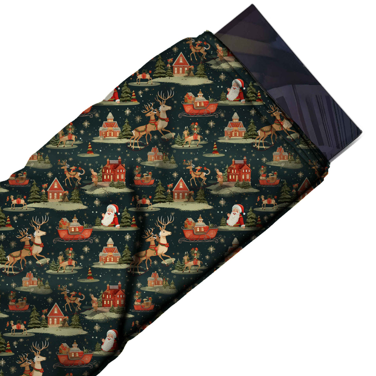 Flat fabric swatch: one-way all-over festive scene of leaping tan reindeer, Santa busts, design Design No_4741, Clothwala