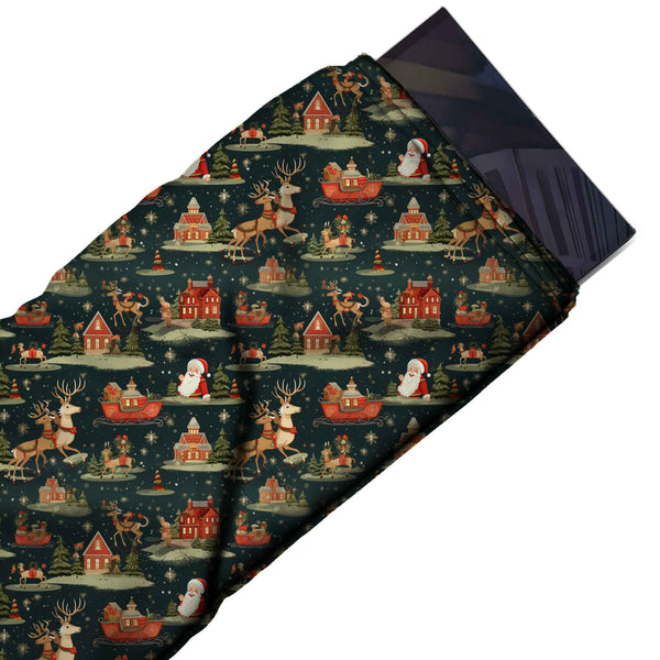 Dark Green & Red Santa Sleigh & Reindeer Printed Printed American Crepe Fabric Fabric