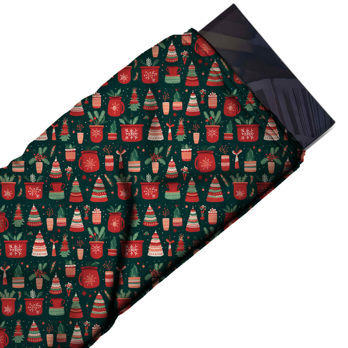Flat fabric swatch: one-way print of small red mugs and pots with white snowflakes, red, design Design No_4677, Clothwala