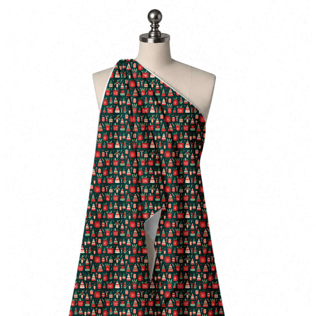 Draped on a mannequin: one-way print of small red mugs and pots with white snowflakes, design Design No_4677, Clothwala