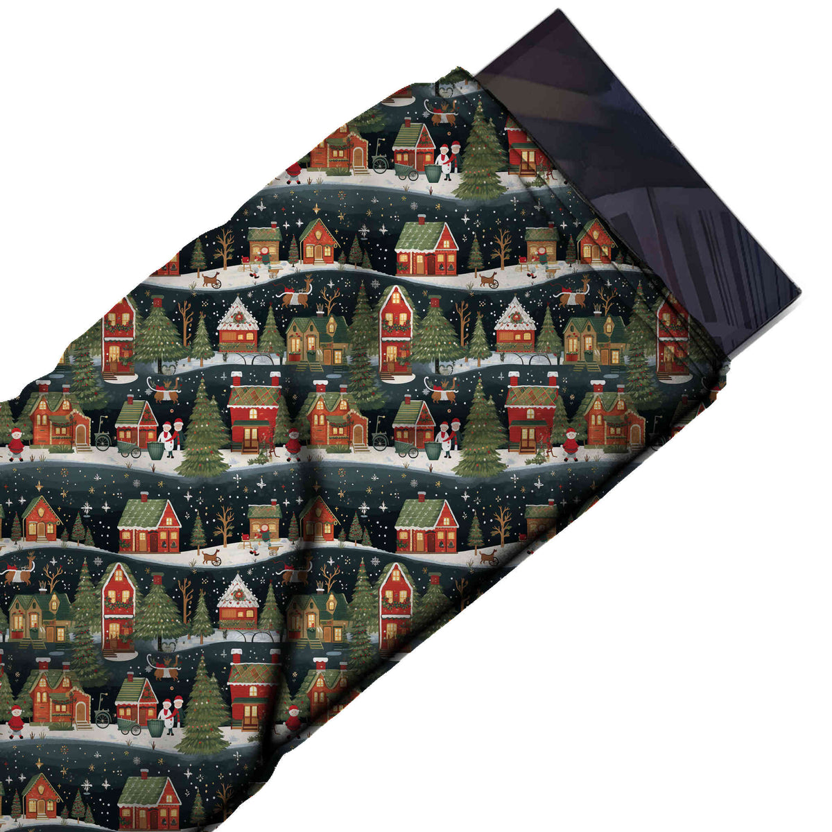 Flat fabric swatch: one-way horizontal rows of red and green gabled houses with lit, design Design No_4743, Clothwala
