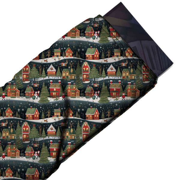 Dark Green & Red Snowy Village Night Printed Printed American Crepe Fabric Fabric
