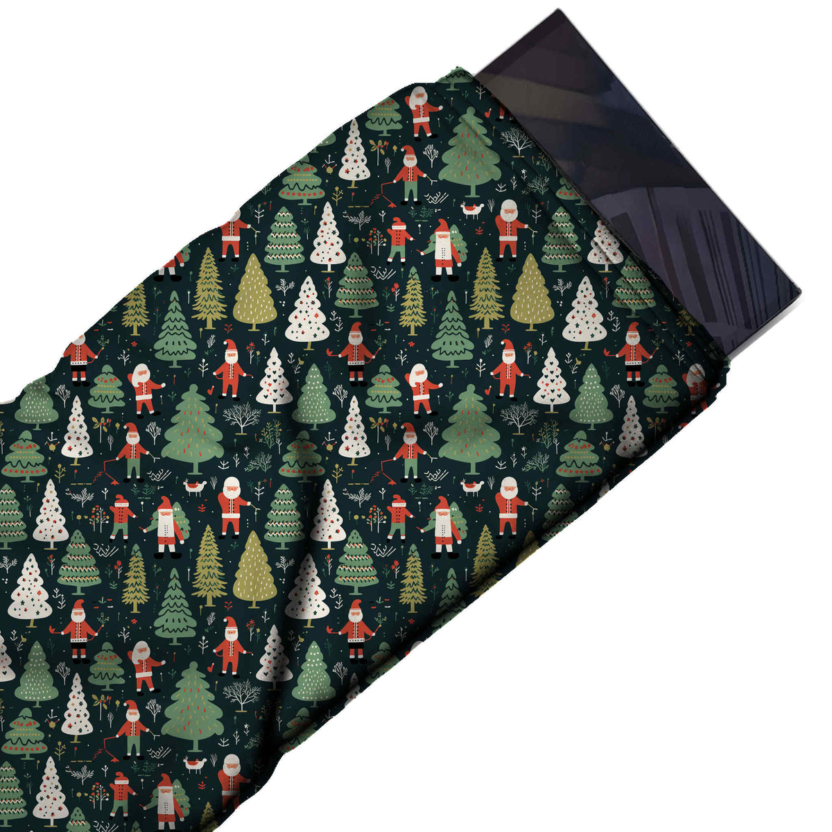 Flat fabric swatch: all-over one-way festive print of small red Santas among closely set, design Design No_4790, Clothwala