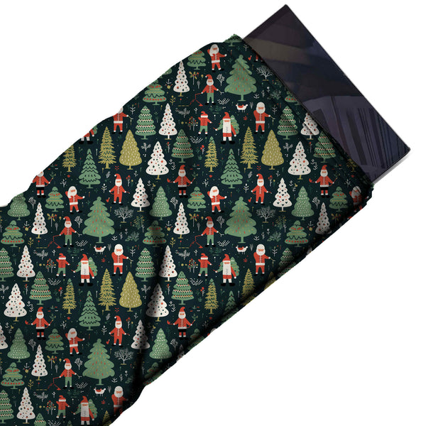 Dark Green & Sage Green Mini Santa & Fir Trees Printed Printed American Crepe Fabric Fabric